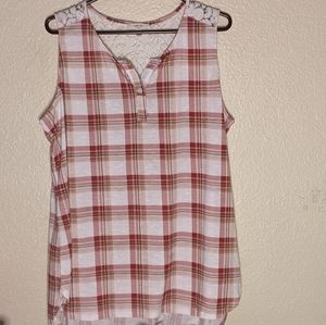 Red & white Plaid, no sleeve blouse w/half lace